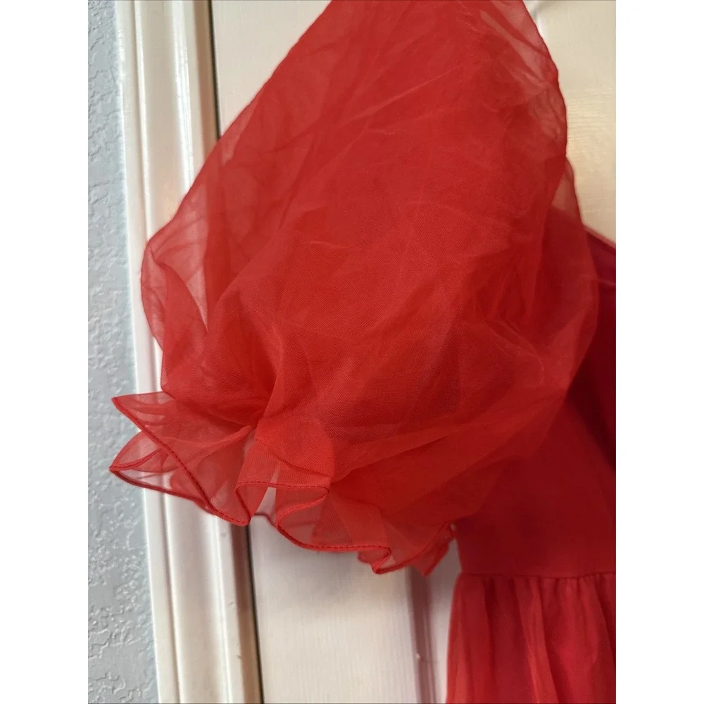 Vtg Red Chiffon Union Made Full Maxi Sweetheart Prom‎ Party Dress Puff Sleeves - Picture 16 of 16